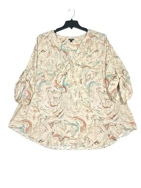 Torrid Harper Popover Blouse Women's 4X Beige Marble Swirl Watercolor V-Neck Art